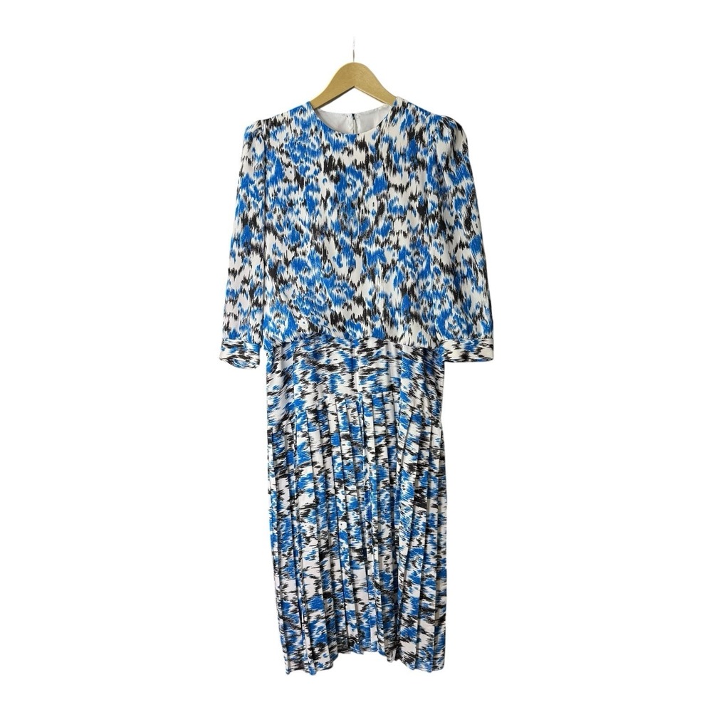 John Roberts Vintage Blue Black White Abstract Pleated Midi Dress Size 8 USA